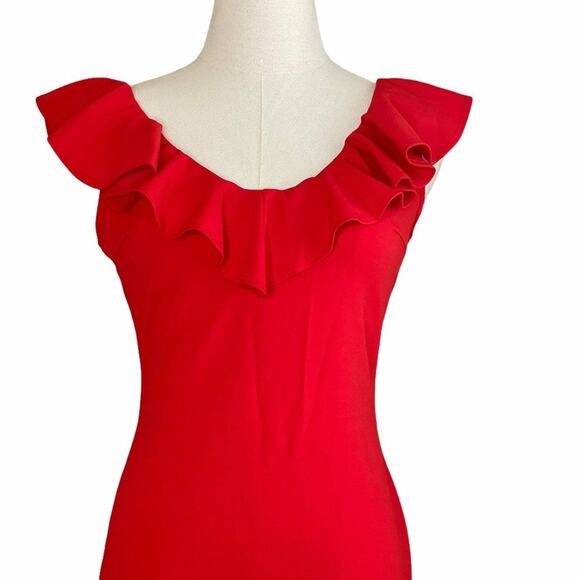 BLVD Red Bodycon Dress Scoop Neck Ruffled Straps Sleeveless Size M - Picture 3 of 6